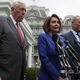 House Speaker Nancy Pelosi (center) is flanked by Senate Minority Leader Chuck Schumer (right) and House Majority Leader Steny Hoyer talk to the media outside the White House after a meeting with Donald Trump Oct. 16, 2019.